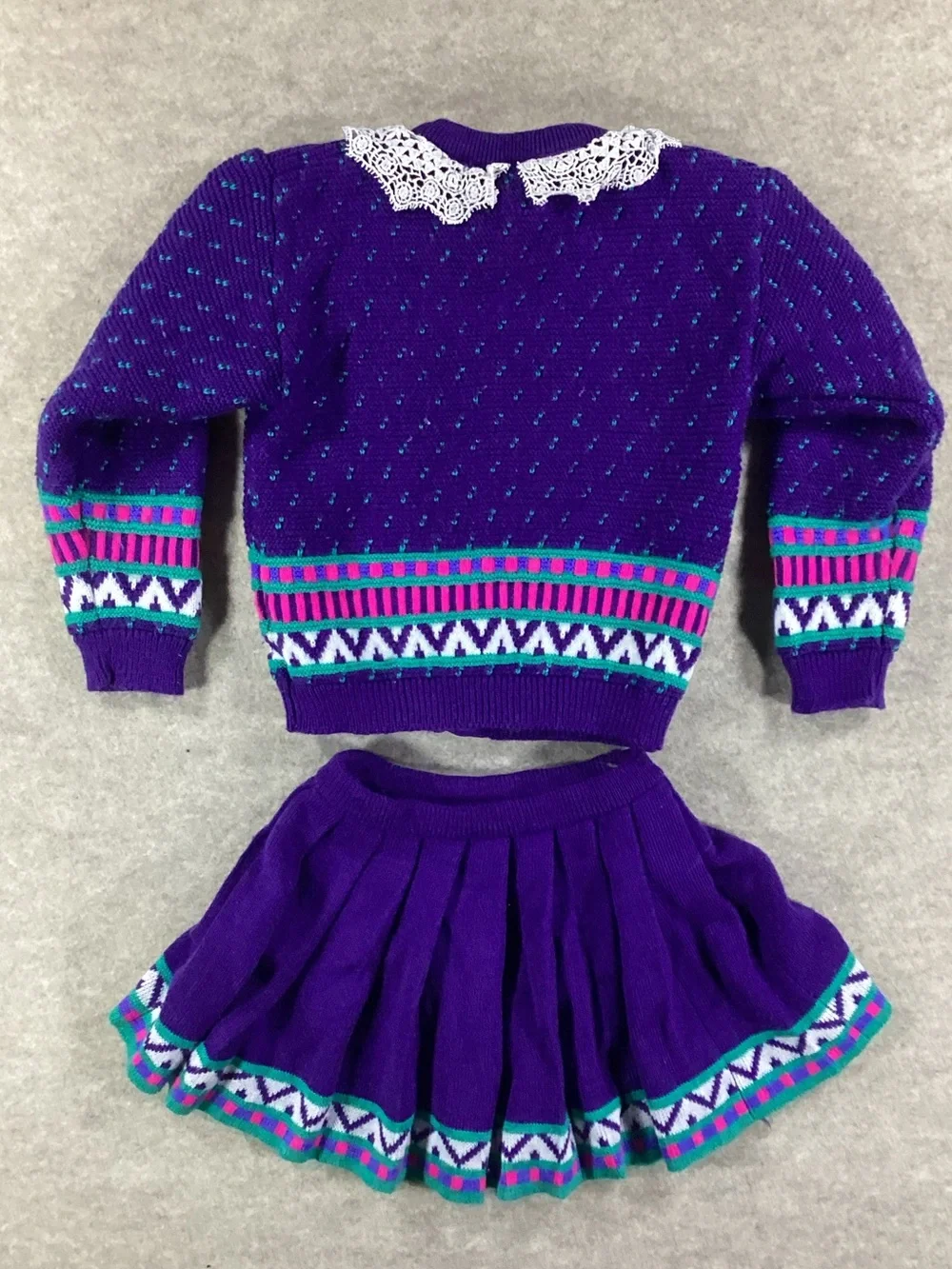 Vintage Hanes Purple Knit Cardigan and Skirt Set with Teal and Pink Accents